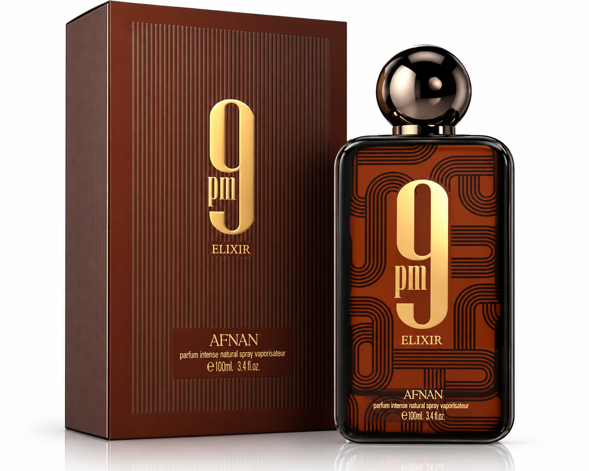 A bottle of Afnan 9pm Elixir perfume next to its brown box packaging, featuring a dark brown and gold patterned design on a white background.