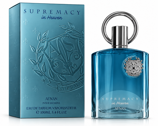 A 100ml bottle of Afnan 'Supremacy in Heaven' Eau de Parfum next to its light blue packaging box, featuring a metallic silver ring cap and embossed crest.