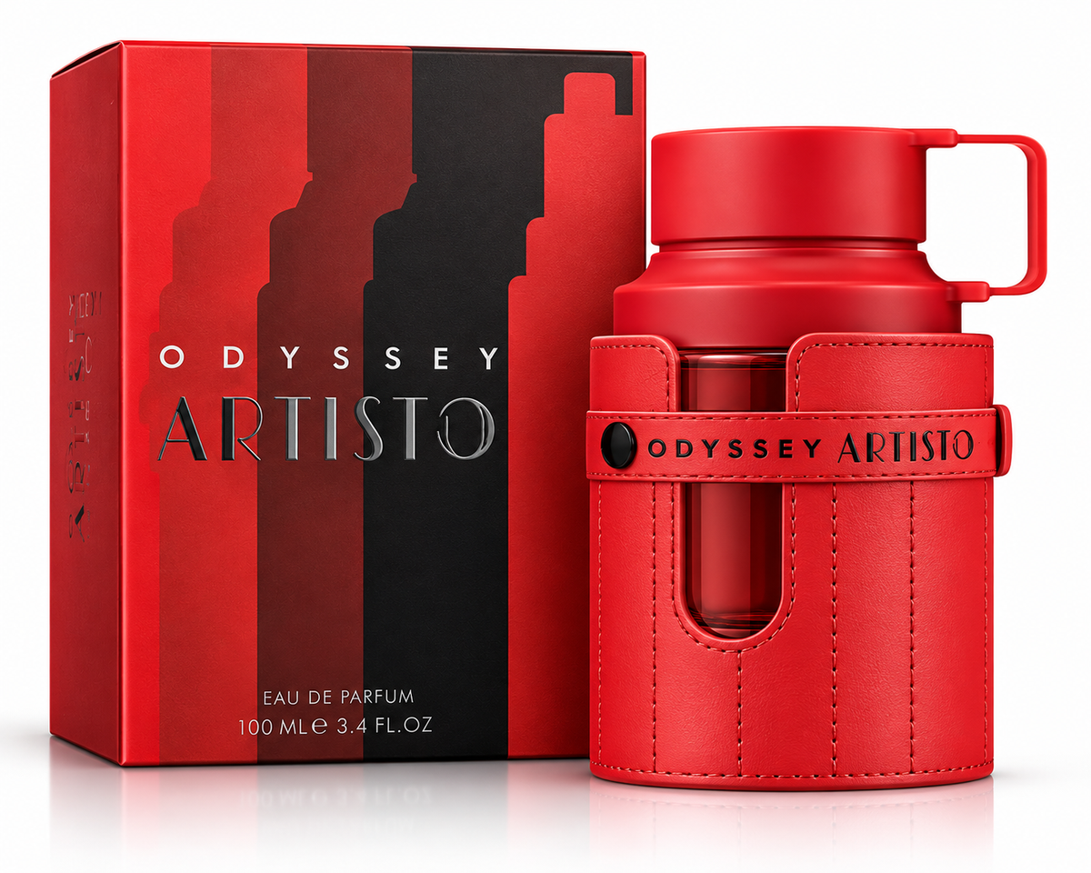 Odyssey Artisto Eau de Parfum 100ml bottle in red with a matching red leather-like sleeve, shown next to its red and black retail box on a white background.