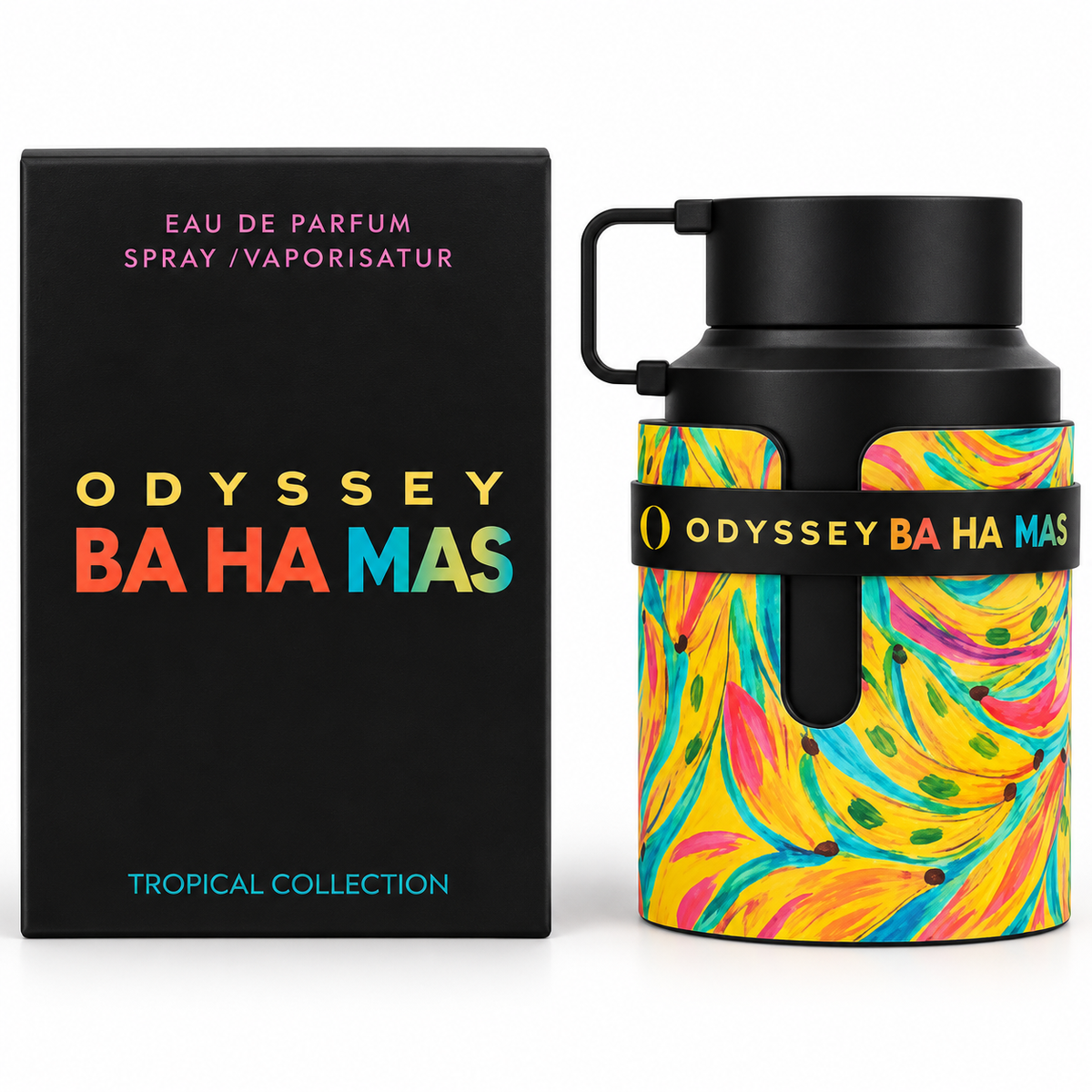 Odyssey Bahamas Eau de Parfum spray bottle next to its black packaging box. The bottle features a vibrant, multicolored psychedelic swirl pattern in yellow, pink, blue, and green, with a black collar and handle.
