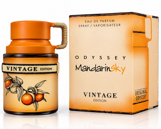 Odyssey Mandarin Sky Vintage Edition Eau de Parfum bottle next to its packaging box, both featuring a warm orange and beige gradient design with mandarin orange illustrations.