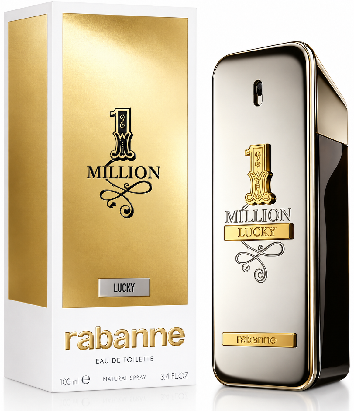 A bottle of Rabanne 1 Million Lucky Eau de Toilette stands next to its retail box. The bottle is metallic silver with gold and black accents, and the box is white and gold with black text.