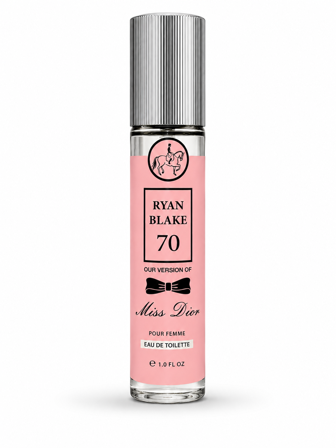 A 1.0 fl oz rollerball perfume bottle with a pink label and silver cap, featuring 'RYAN BLAKE 70 OUR VERSION OF Miss Dior' text.