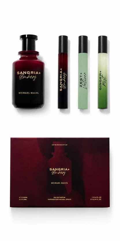 Sangria + Embers by Michael Malul London 4-Piece Gift Set for Men Eau de Parfum 3.4 oz + 3 x 0.34 oz Travel Sprays
